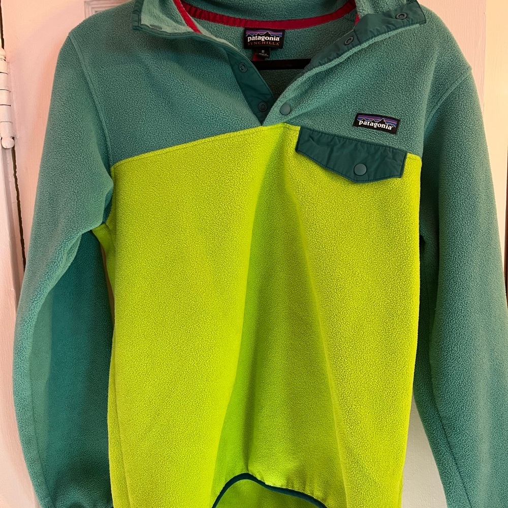 Patagonia Green and Yellow Synchilla Snap Pullover